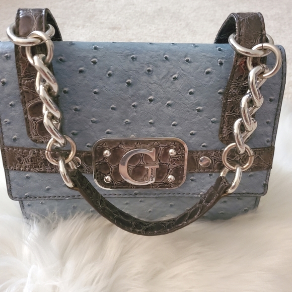 GUESS Purse Handbag Blue Gray Chain handle Faux Croc Logo Small Like New Logo G - Picture 1 of 11